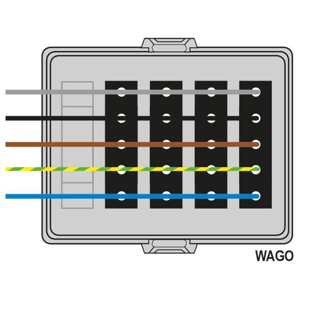 Frontale AK2 a scatto, WAGO WINSTA® MIDI, in: 5 pin H07V-U, out: 4x 5 pin n/b L1+L2+L3, 125x100x42 mm, grigio chiaro