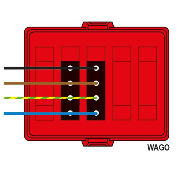 Frontale AK2 a scatto, WAGO WINSTA® MIDI, in: 4 pin H07V-U, out: 2x 4 pin n/b L1+L2, 125x100x42 mm, rosso