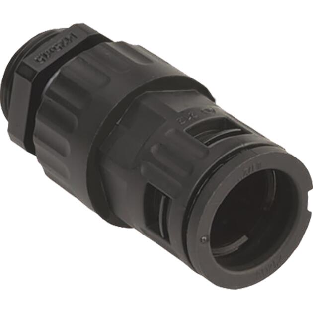 Synthetic straight conduit connector with integreted strain-relief