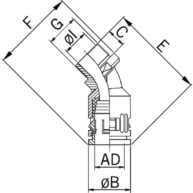Raccordo per tubo flessibile sintetico piegato a 45° con filettatura di raccordo in ottone