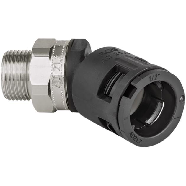 Synthetic conduit connector 45° bend with entry turnable thread nickel-plated brass